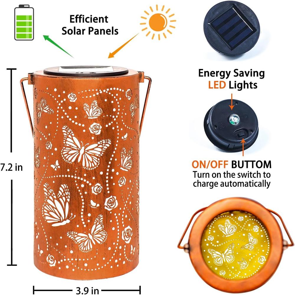 Butterfly Solar Lanterns Outdoor Waterproof Hanging Lights, Metal Decorative LED Solar Light for Yard Patio Porch Balcony Decor