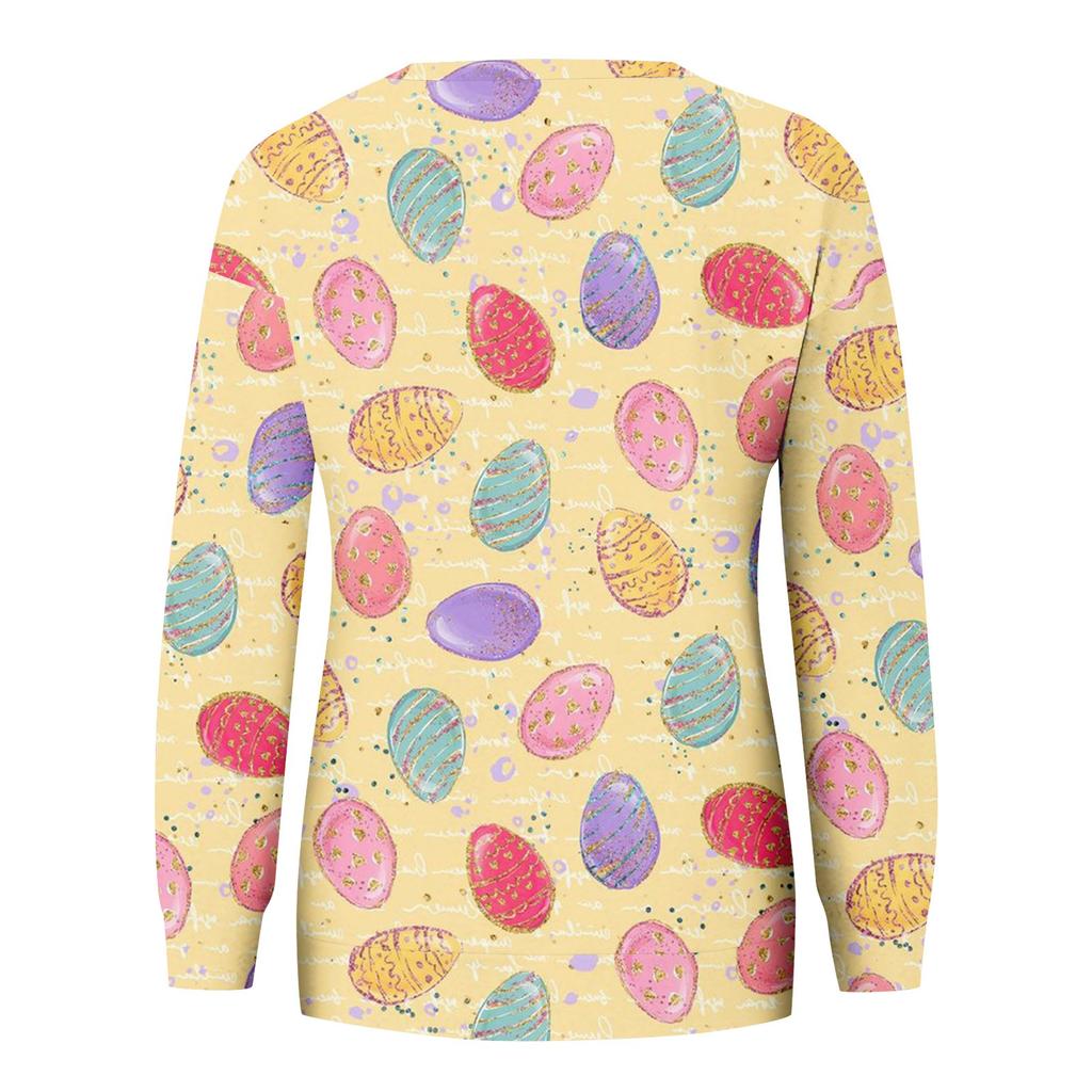 Women's Casual Fashion Easter Printing Long Sleeve O-Neck Pullover Top Blouse