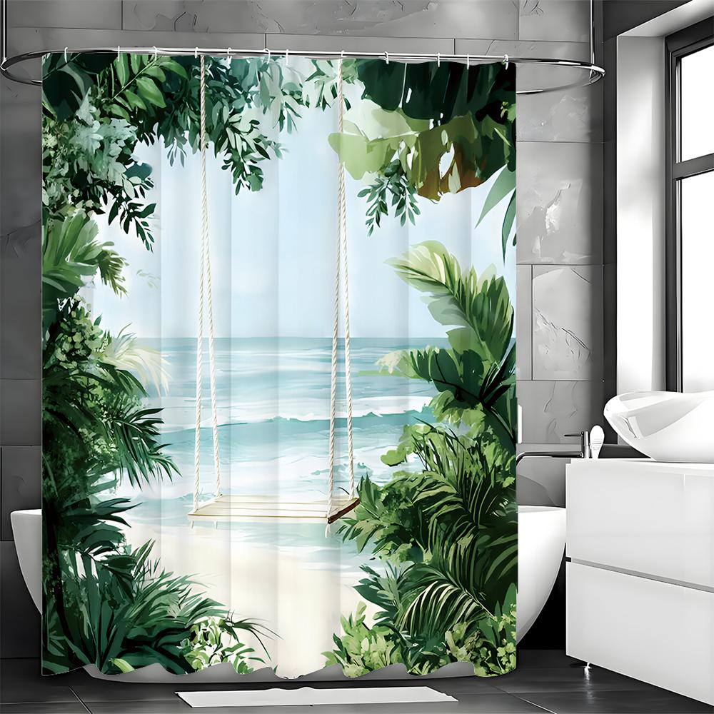 Шторка для душа Ocean Beach Swing Greenery, Декоративная шторка для душа для ванной комнаты, Водонепроницаемая шторка для душа с крючками