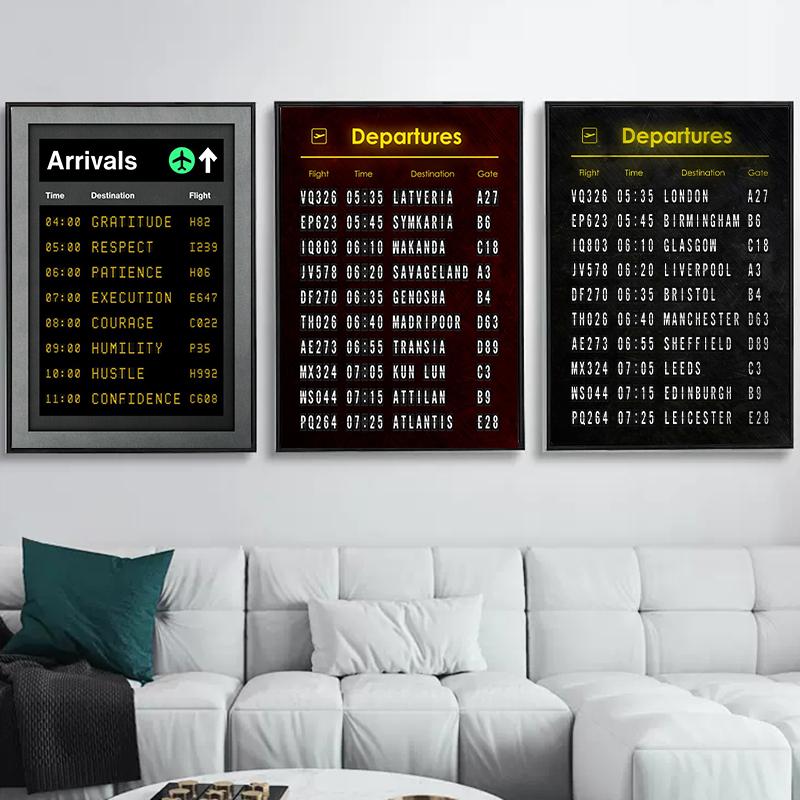 Винтажная доска аэропорта, доска прибытия, постеры с принтом, холст, картина, мотивационная цитата, настенное искусство, украшение для комнаты