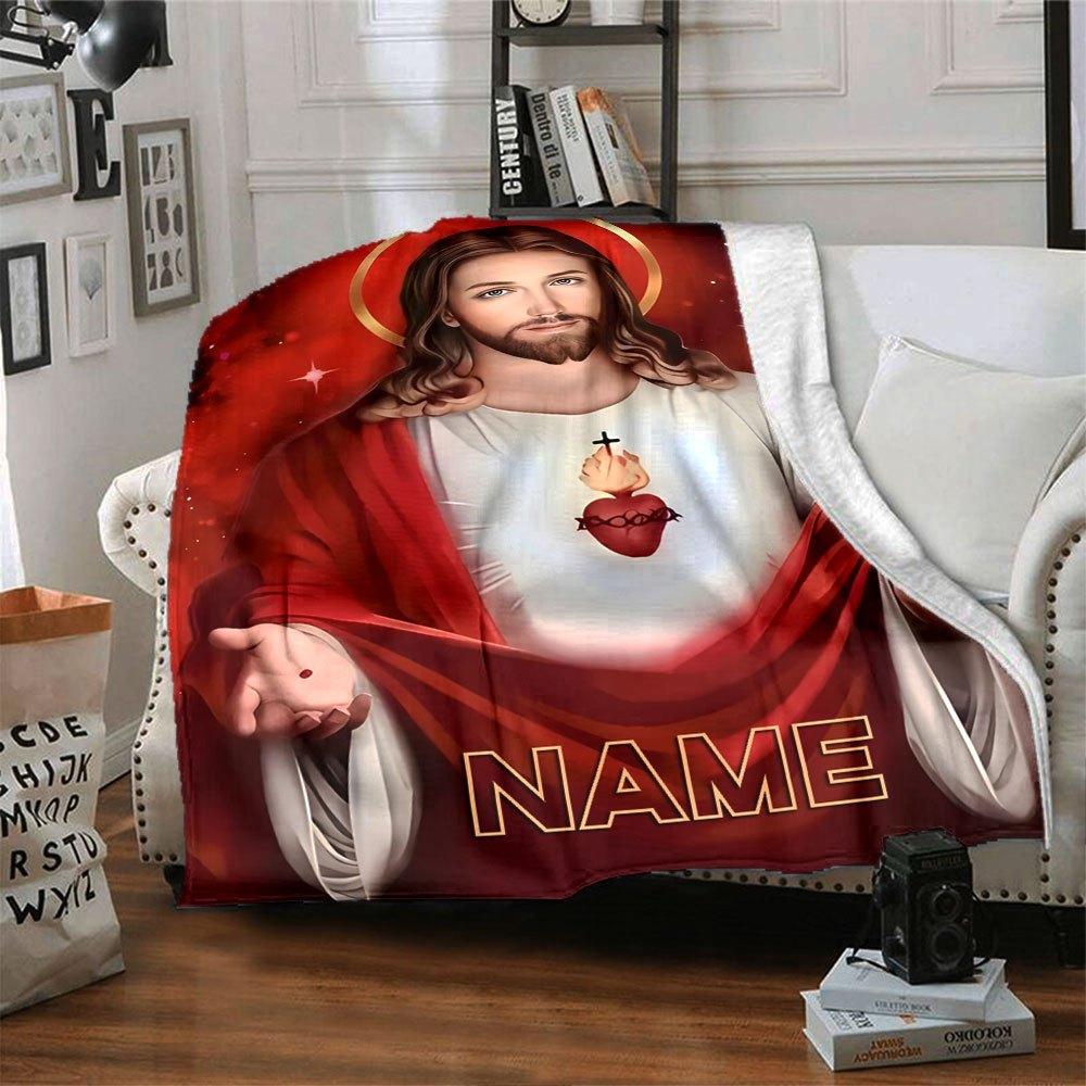Jesus With Sacred Heart Home Customize Your Name Blankets Comfortable Soft Lightweight Versatile Blanket For All Seasons Perfect For Picnics Sofa