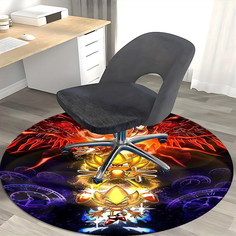 1pc Golden Sonic the Hedgehog Anime Cartoon Design Round Carpet for Office Chair Mat, NonSlip Rug, Home Decor, Living Room, Bedroom