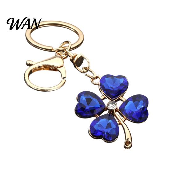 Blue Rhinestone Keychain Pendant Sparkling Rhinestones Four-Leaf Clover Design Key Chain with Electroplated Lobster Clasp Easy to Hang Holder Backpack