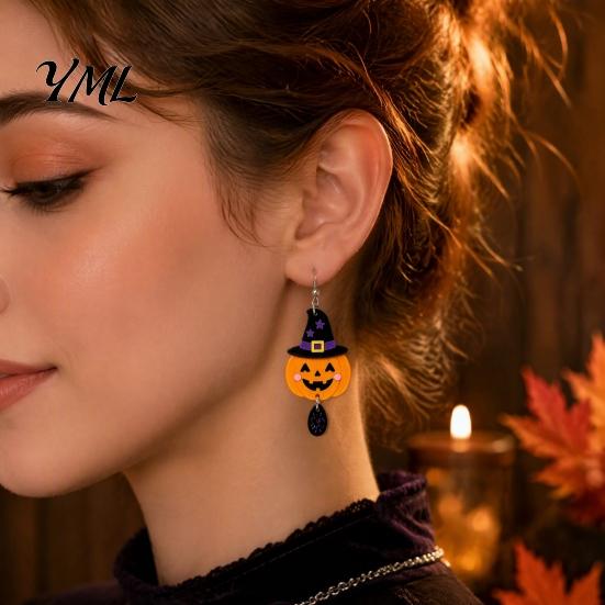Colorful Patterned Ear Ornaments 1 Pair 2D Acrylic Halloween Dangle Drop Earrings for Women, Stylish Theme Party Accessories Spooky Ghost Cat Pumpkin