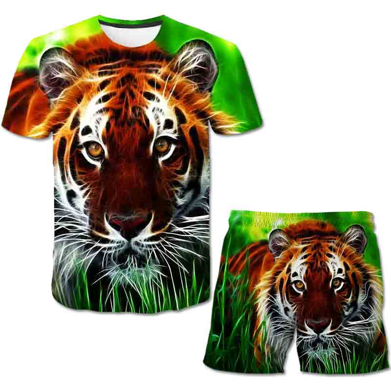 Комплект одежды для маленьких мальчиков и девочек, футболка с изображением тигра, детская футболка, топы + короткие штаны, комплект из 2 предметов, детский костюм для малышей, костюм