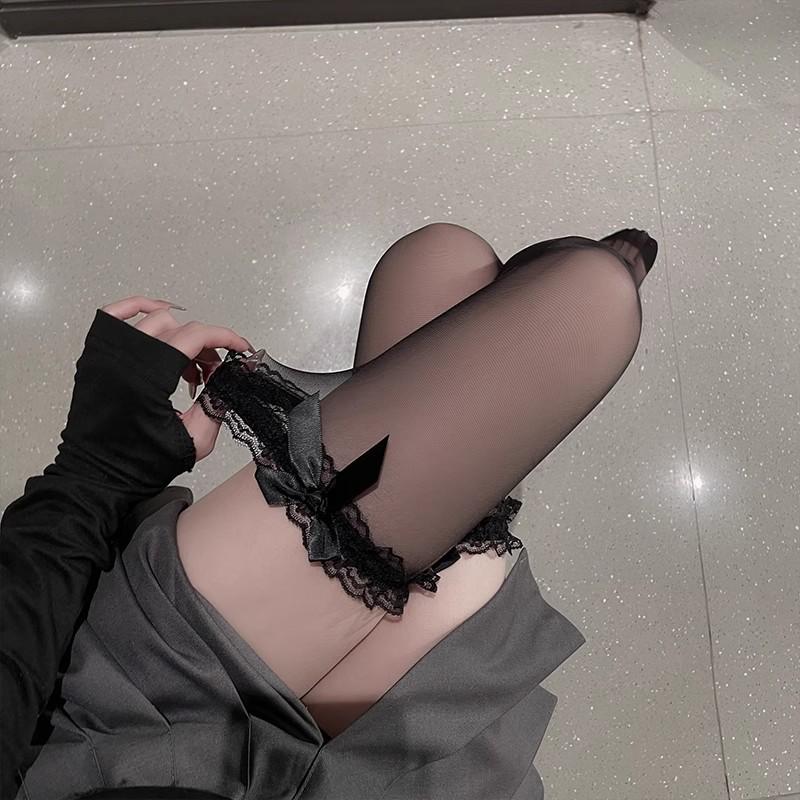 Романтичные черные чулки-ботфорты с кружевом - Прозрачные белые сетчатые летние чулки до бедра