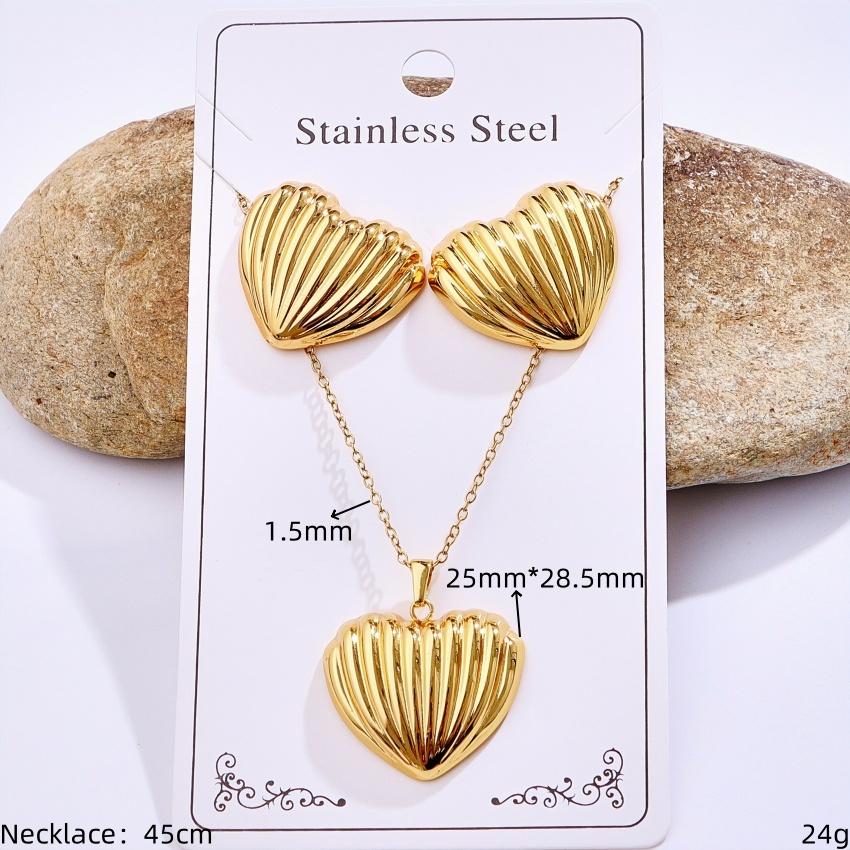 Stainless Steel Gold Plated Irregular Striped Heart-shaped Circular Oval Marine Creature Pendant Necklace Earring Jewelry Set