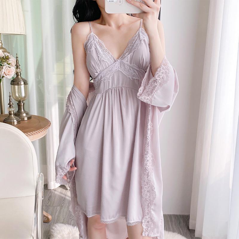 1011 Summer New Sexy Lace Edge Suspender Pajama Set, Homewear Pajama Pure Desire Wind Suspender Robe
