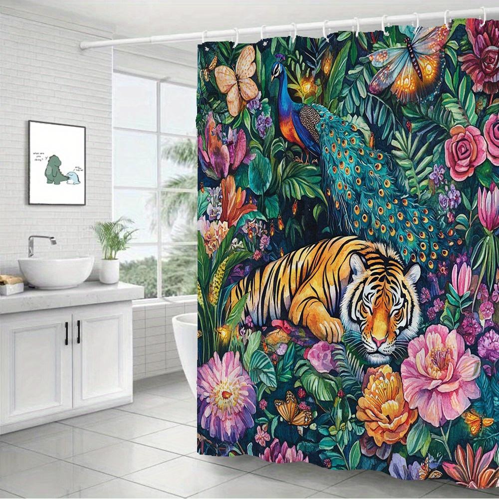 Экзотическая водонепроницаемая шторка для душа с защитой от плесени «Тигр и павлин» - Тропический цветочный дизайн для роскошного декора ванной комнаты