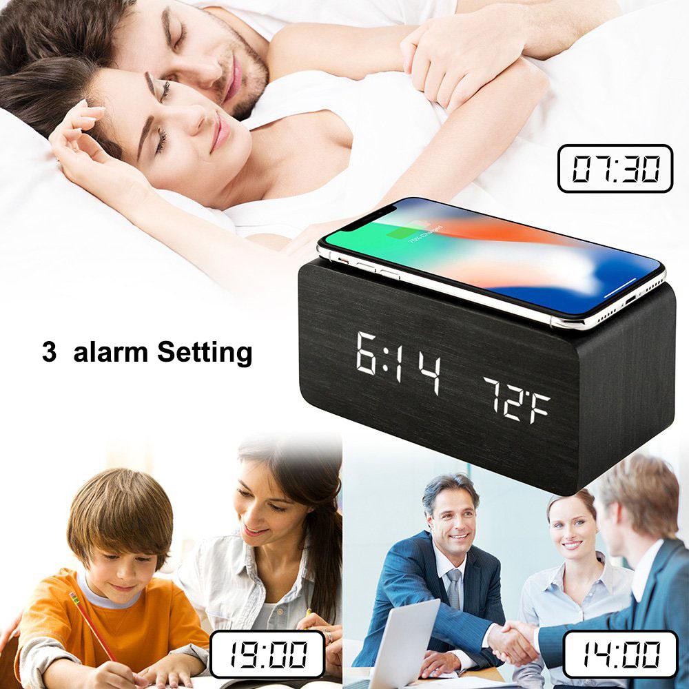 Беспроводное зарядное устройство Деревянные настольные цифровые часы Светодиодный дисплей Температура Зарядные устройства для телефонов Настольные часы Деревянный цифровой будильник