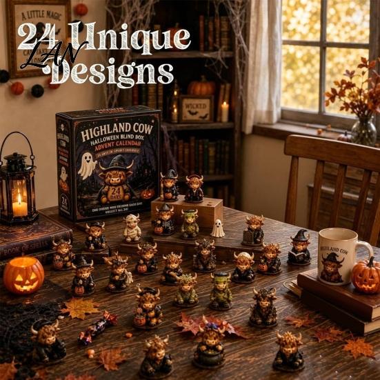 Halloween Ornament Gift Box Highland Cow Advent Calendar, 24 Days Countdown Calendar with Collectible Figures Acrylic Ornaments, Gifts for Kids,