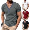 Men Summer T-shirt Short Sleeves Buttoned V Neck Contrasting Color Slim Fit Casual Pullover Mid Length Top for Outdoor Sport