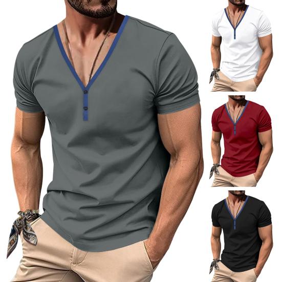 Men Summer T-shirt Short Sleeves Buttoned V Neck Contrasting Color Slim Fit Casual Pullover Mid Length Top for Outdoor Sport