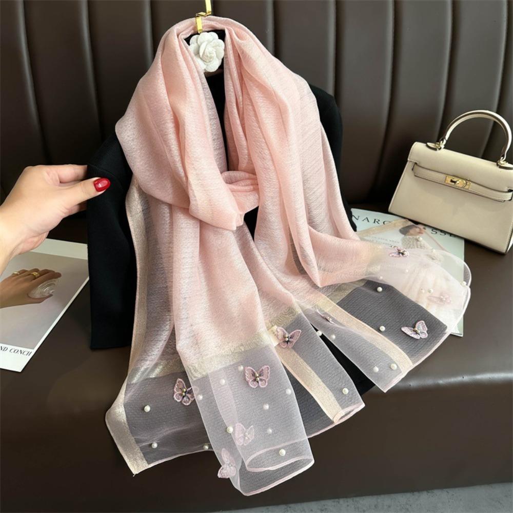 Thin Butterfly Embroidery Scarf Pearl Women Hijab Shawls Elegant Silk Scarf Lady