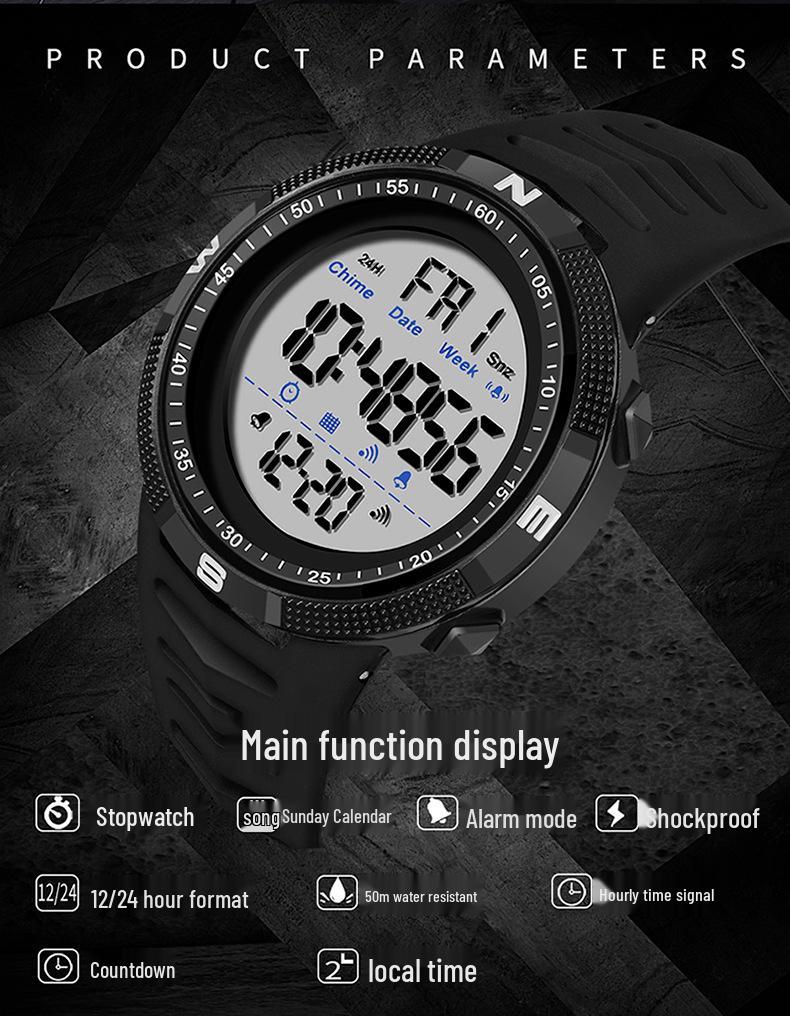 Sanda Мужские светящиеся водонепроницаемые модные электронные часы с большим циферблатом и календарем.