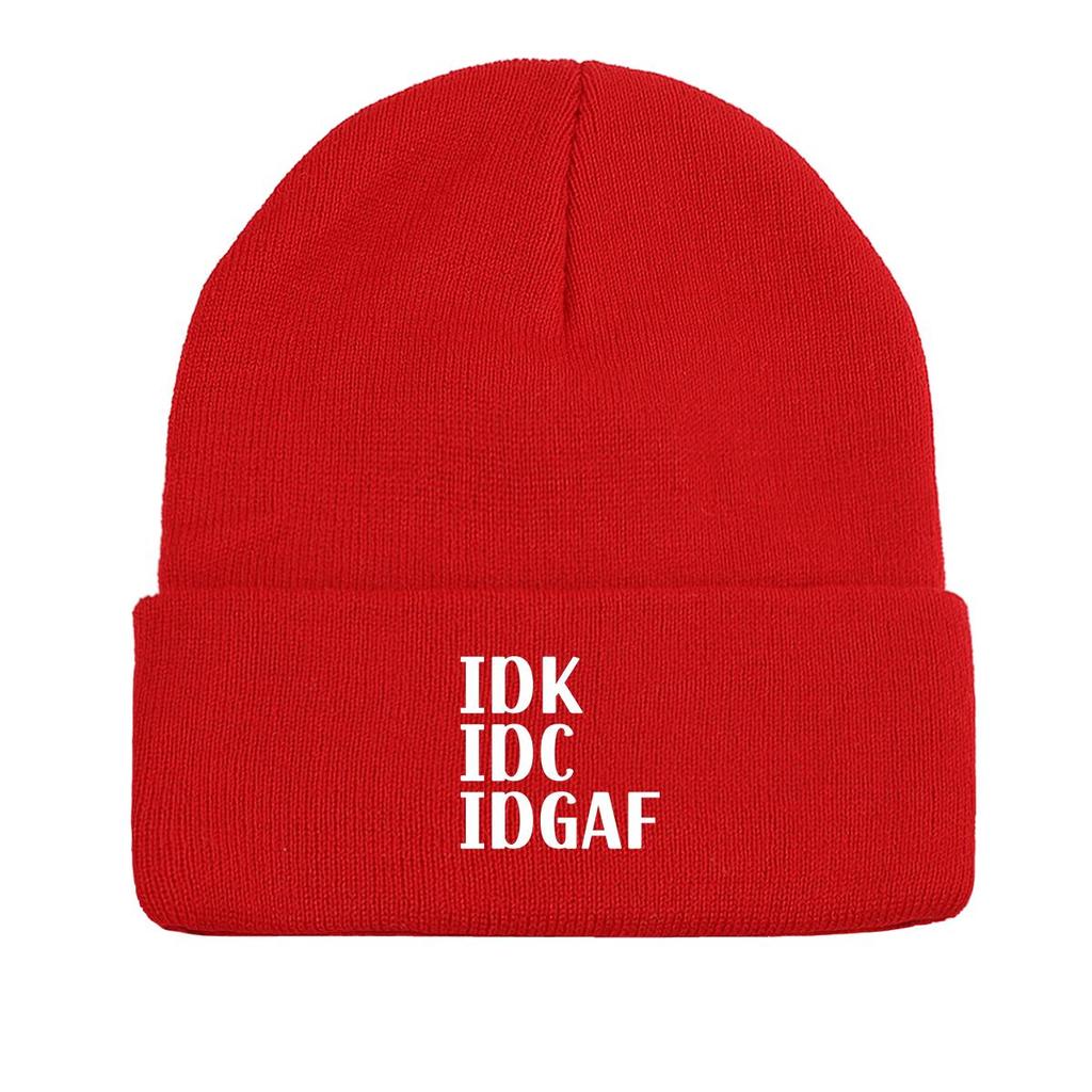IDK IDC IDGAF" Winter Knit Hat Beanie, White Text Skullies Beanies Warm Winter Sporting Gorro Knitted Cap Beanie