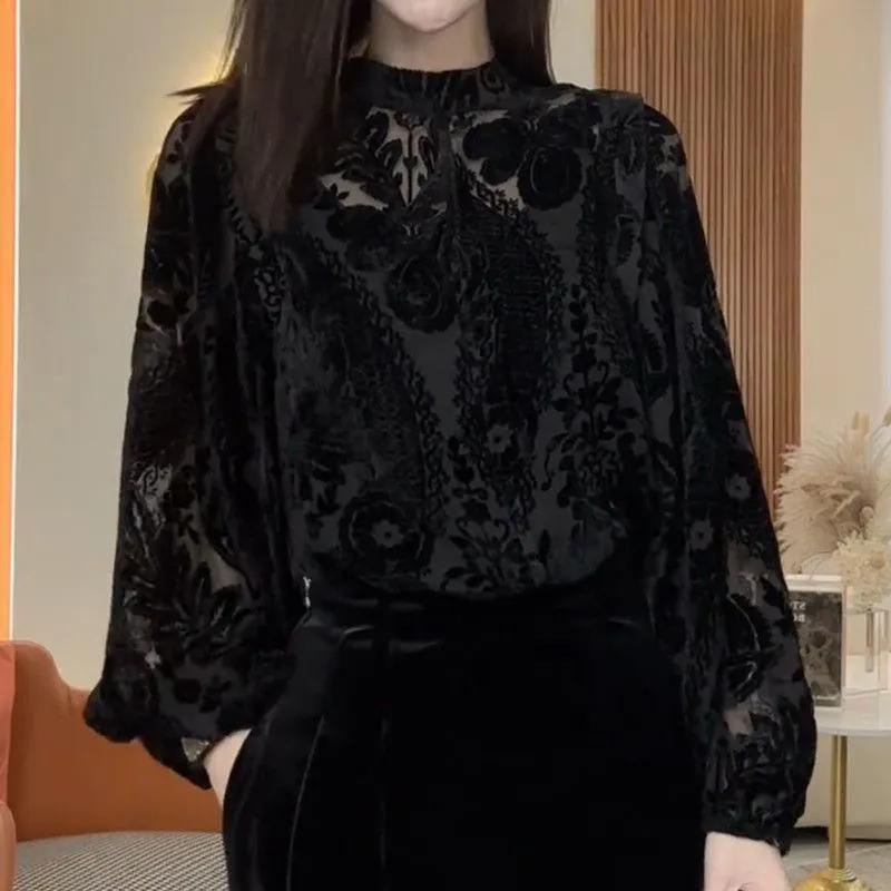 Women's Spring/Fall Jacquard Lace-Up Reversible Lace Top Elegant and Youthful-Looking Base Layer Top