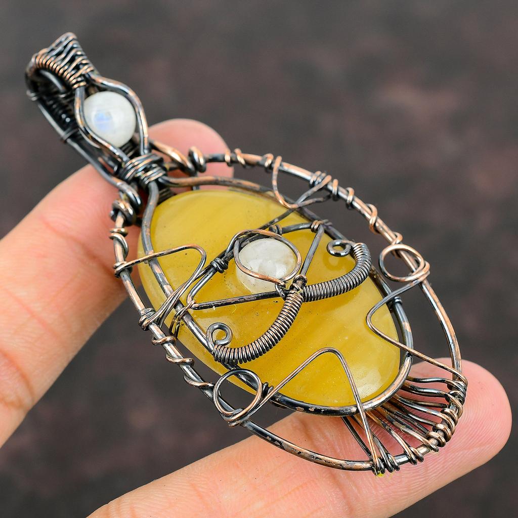 Подвеска из желтого кружевного агата от сглаза, обернутая медной проволокой, подвеска из лунного камня, медные украшения, подвеска ручной работы от сглаза для женщин