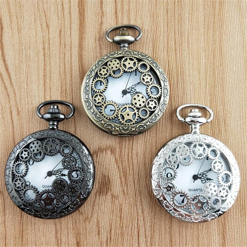 Steampunk Copper Vintage Hollow Gear Hollow Quartz Pocket Watch Necklace Pendant Clock Chain Men Women