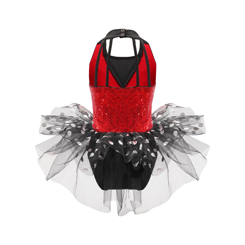 Стильное танцевальное платье в горошек для девочек, безрукавный костюм с воротником и пайетками на спине, сетчатая юбка, одежда для выступлений