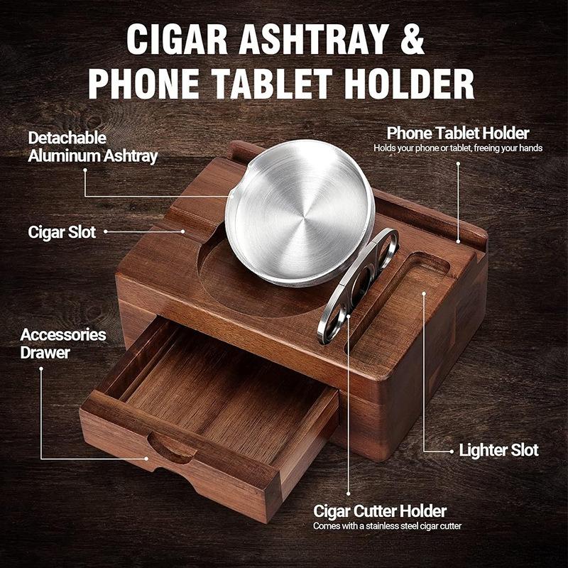 American Style Wooden Cigar Ashtray Box - Solid Wood Drawer Design, Portable Car Ashtray for Cigars, Premium Cigar Accessory