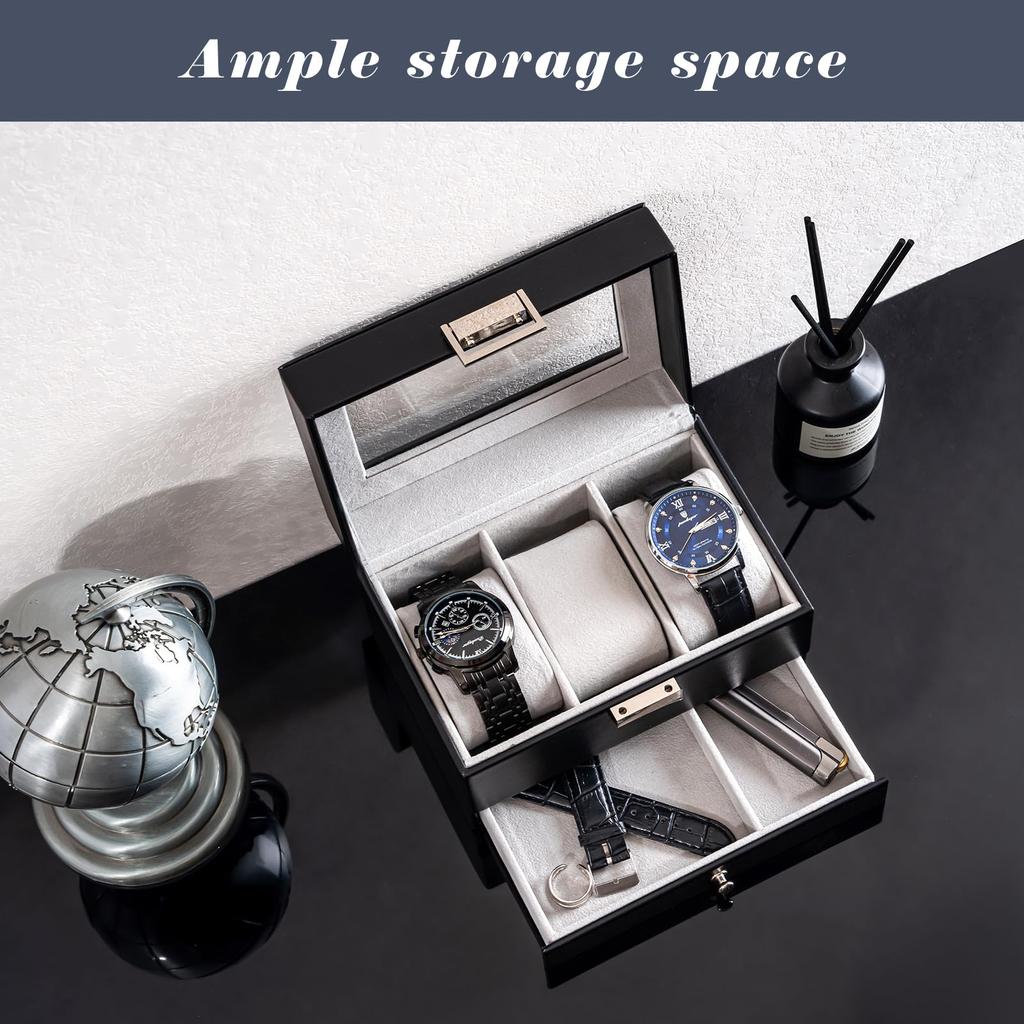 ProCase Мужская коробка для часов, 3-слотовый кейс для демонстрации часов с выдвижным ящиком, Мужской футляр для часов со стеклянной крышкой, 2-ярусный органайзер для хранения ювелирных изделий