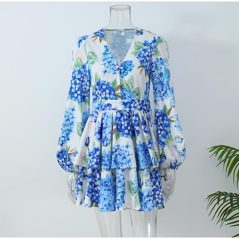 Summer Fashion Elegant Sexy Mini Dress Women Retro Print Floral Flower V Neck Party Dresses France Chic New Design Vintage Aesthetic Clothes