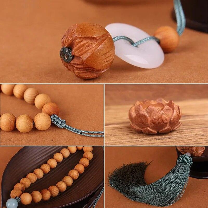 Chinese Style Wooden Carved Lotus Buddha Statue Car Pendant Creative Lucky Fortune Jewelry Decor Xmas Charming Car Accessories