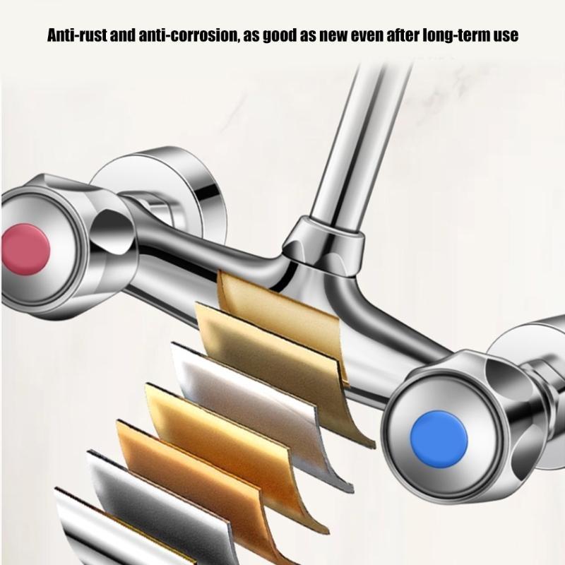 652F 360 Rotate Wall Mounted Kitchen Faucet Double Handle Operation Strong Brass Construction Hot Cold Water Control