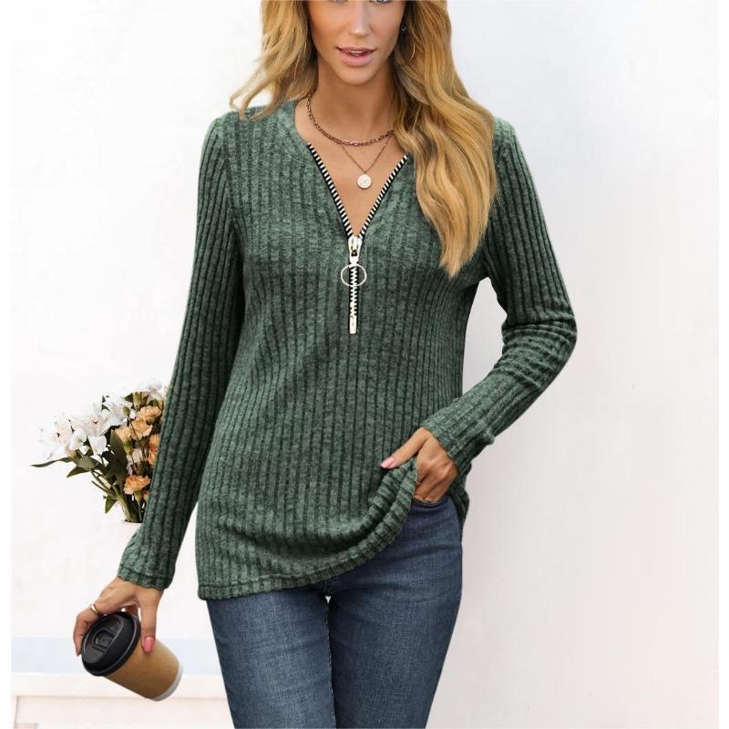 Женская осенняя футболка, сексуальная нагрудная молния, плиссированная, повседневная, с V-образным вырезом, длинными рукавами, женская футболка