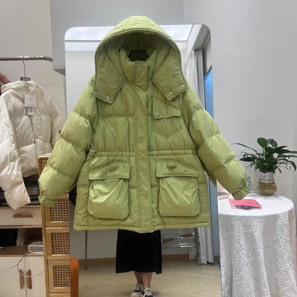 Пуховик женский средний и длинный с капюшоном новый утолщенный пояс свободный теплый белый утиный пуховик прилив