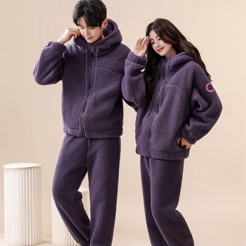 Couple Coral Fleece Pajamas Set Thick Warm Winter Loungewear Men Women