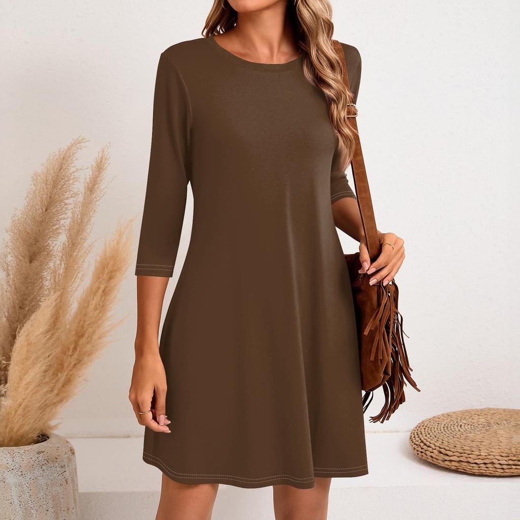 Женское модное повседневное однотонное короткое платье с круглым вырезом и рукавом три четверти