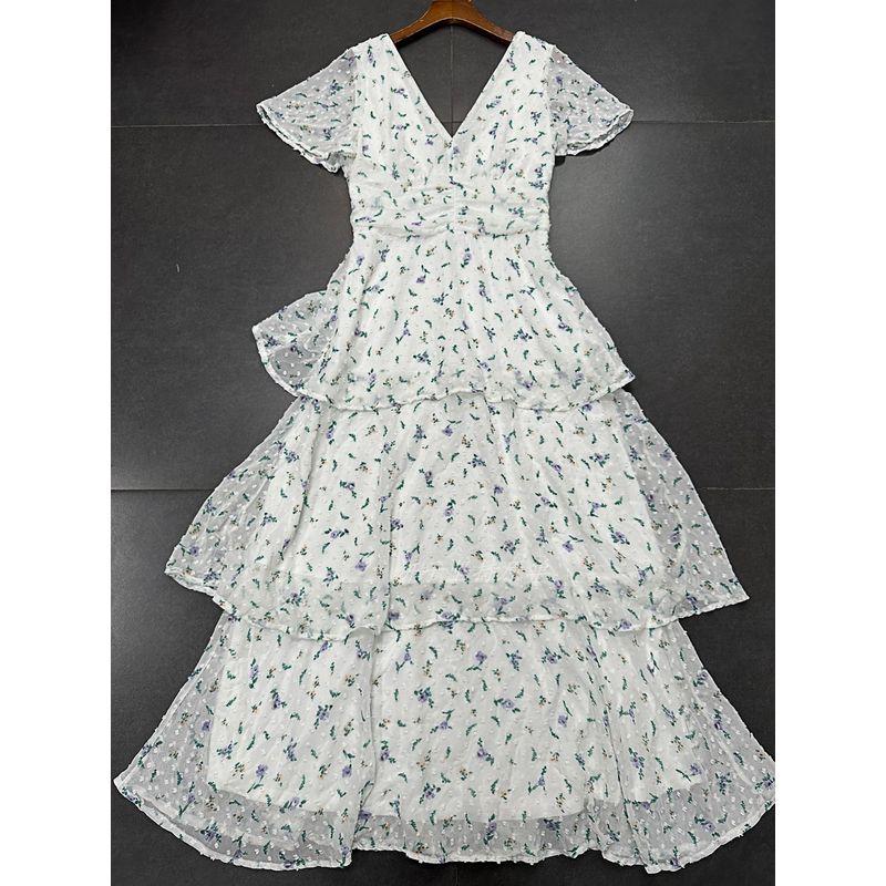 Foreign Trade Pure Original White Fresh Small Floral Front and Back V-neck Multi-Layer Chiffon Texture Cake Dress Long Dress Women