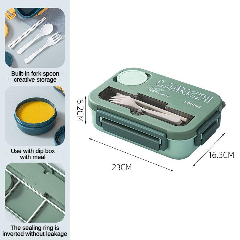 1300ML Portable with Grid Division Lunch Box Kids Students Office Bento Box with Fork and Spoon Microwave Food Storage Container