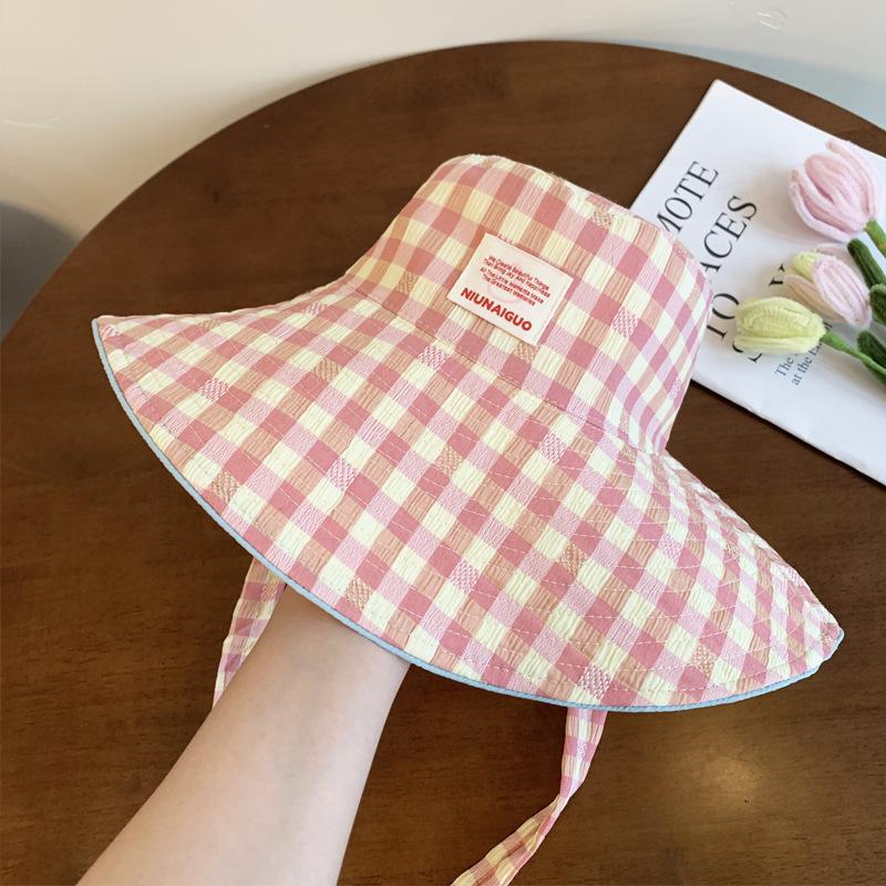 Dopamine Bucket Hat Women's High Sense Summer New Hat Plaid Visor Big Brim Sun Protection Hat