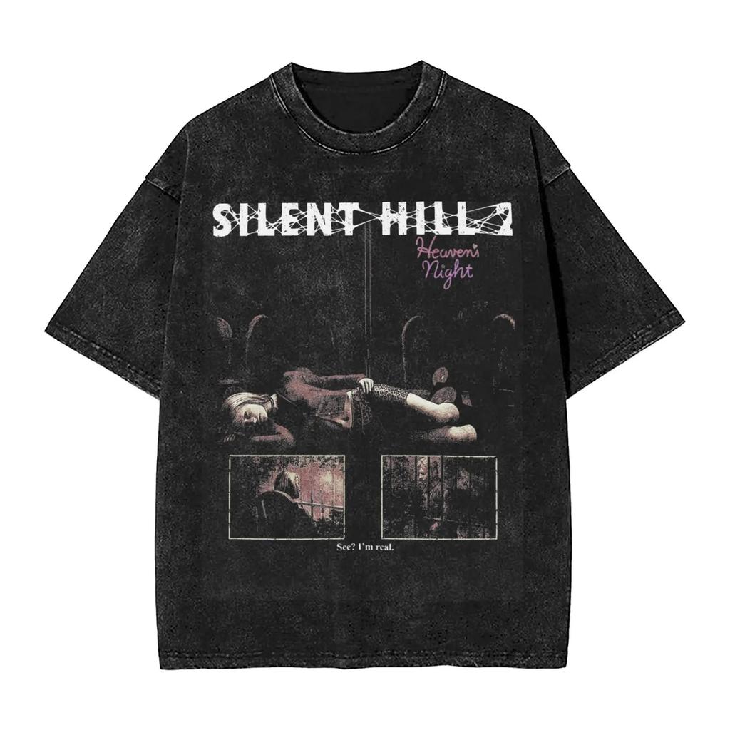 Vintage Washed T Shirts Horror Silent Hill Hip Hop T-Shirt Street Streetwear Short Sleeve Printed Tops Tees Men Women
