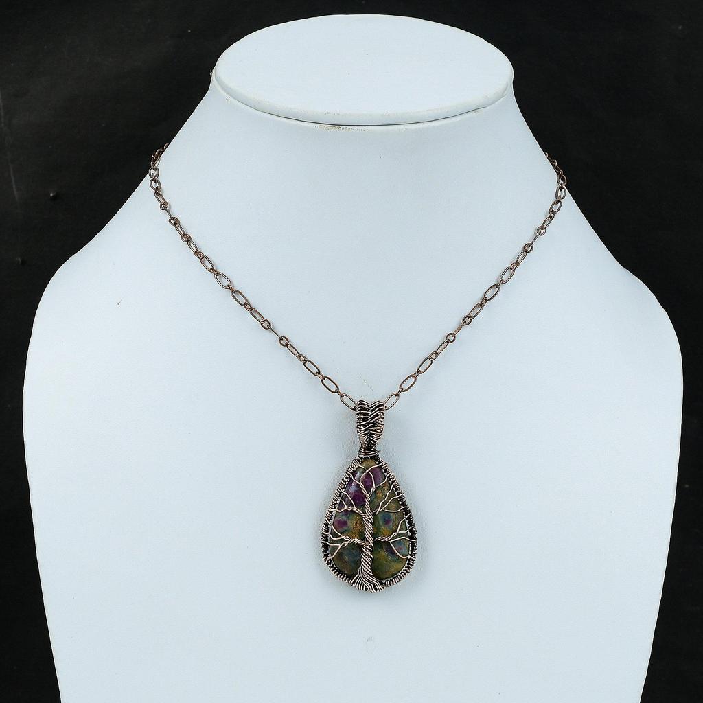 Древо Жизни Рубин Фуксит Медный Кулон Кулон, обмотанный проволокой Ручная работа Медные украшения из проволоки Кулон с драгоценным камнем Украшения с рубином и фукситом в подарок