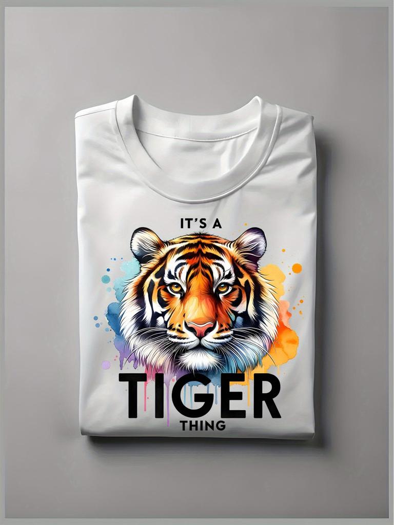 A cool tiger print pattern, round neck high street pure cotton short sleeved T-shirt, fashionable sh