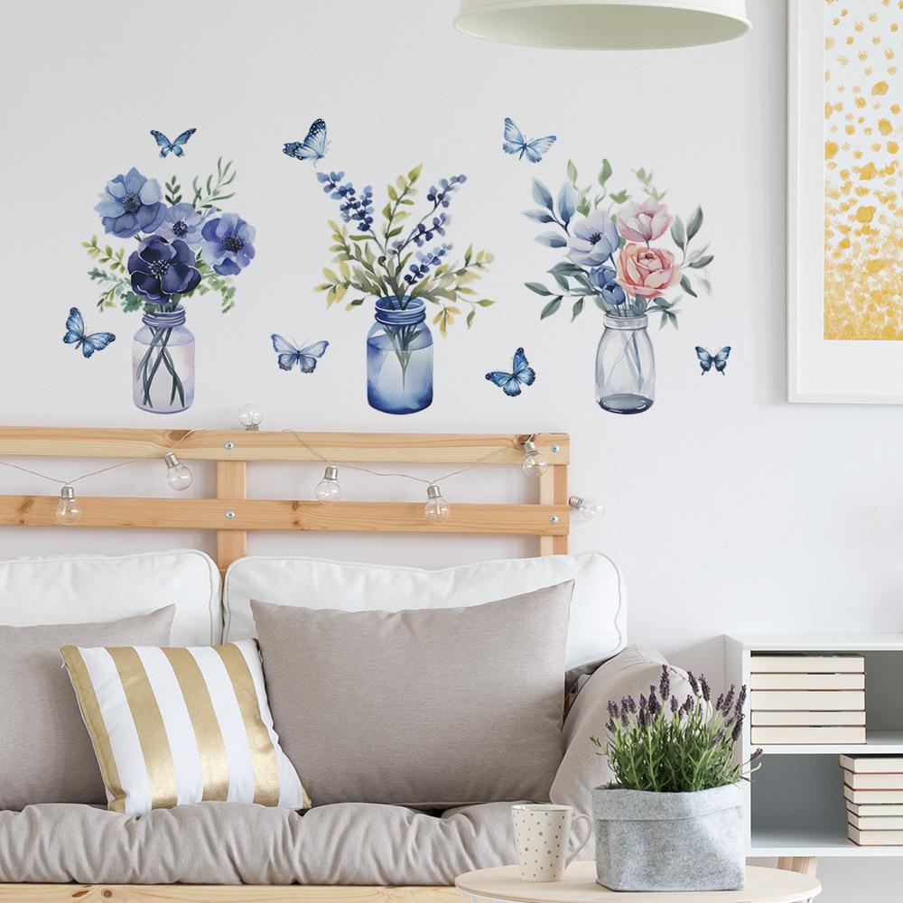 Романтичные фиолетовые цветы зеленая ваза для растений бабочка спальня гостиная украшение дома настенные наклейки