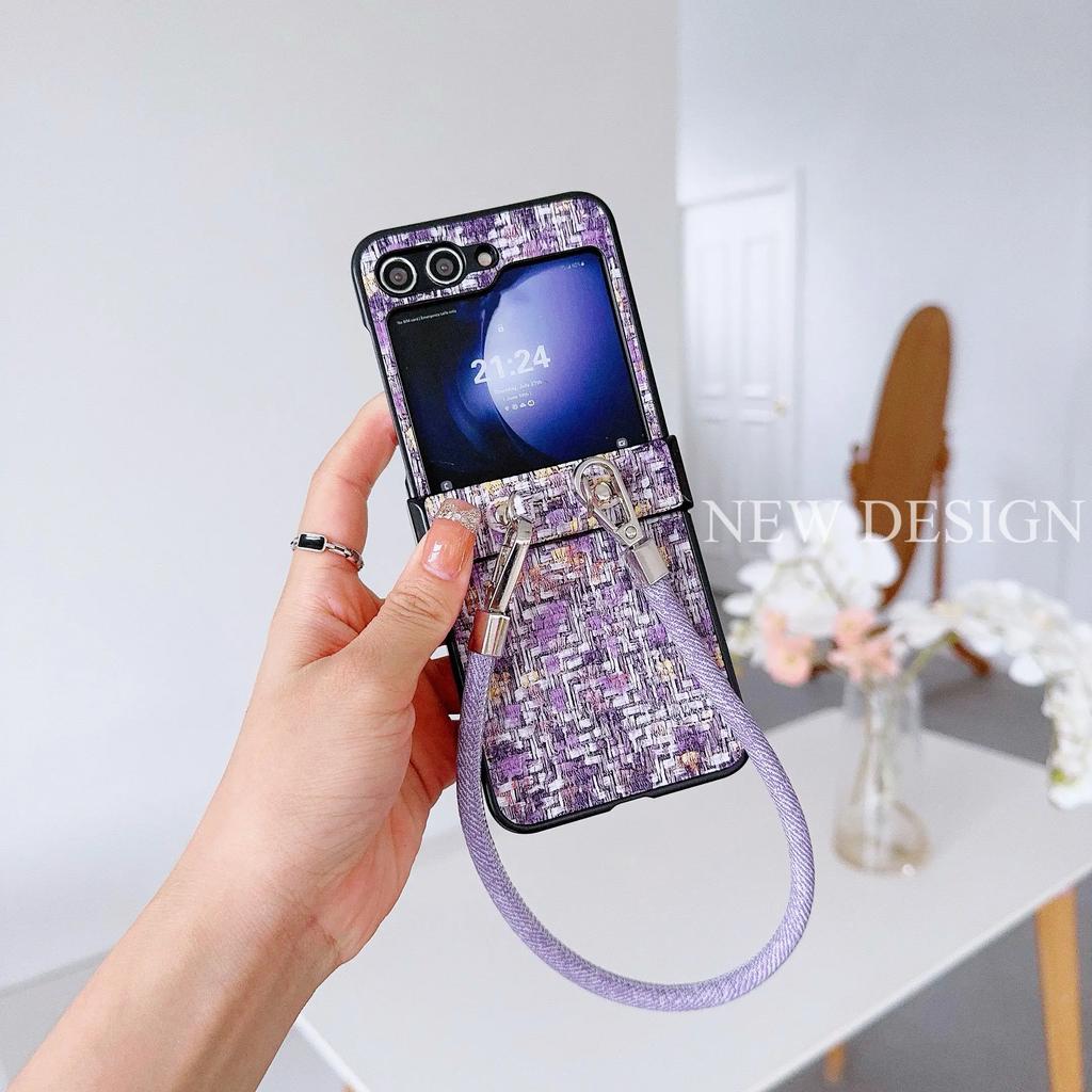 Wrist Strap Luxury PU Leather Phone Case for Samsung Galaxy Z Flip 6 5 4 3 5G Hinge Protection Shockproof Cover