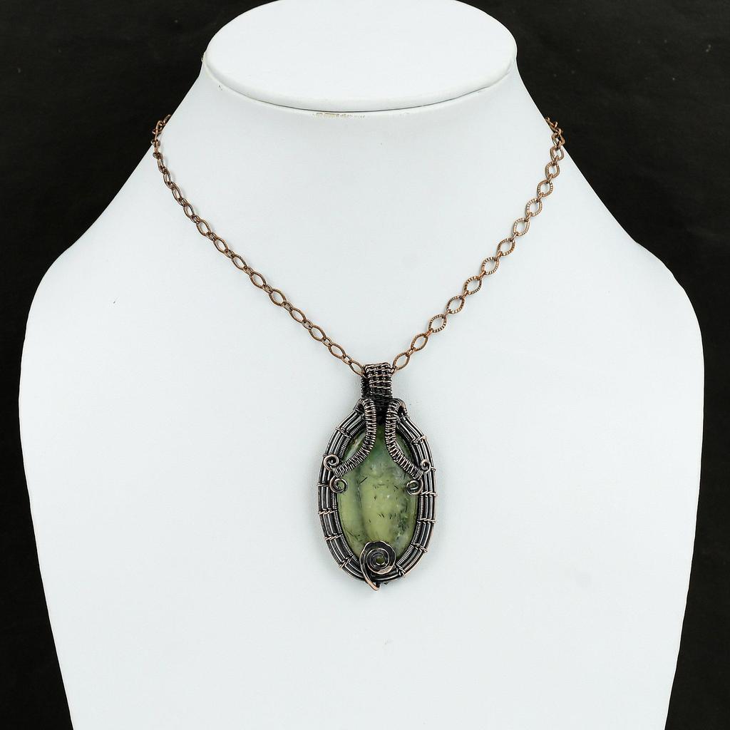 Moss Prehnite Pendant Copper Wire Wrapped Pendant Gemstone Pendant Moss Prehnite Copper Jewelry For Gift Handmade Pendant Wire Wrap Jewelry