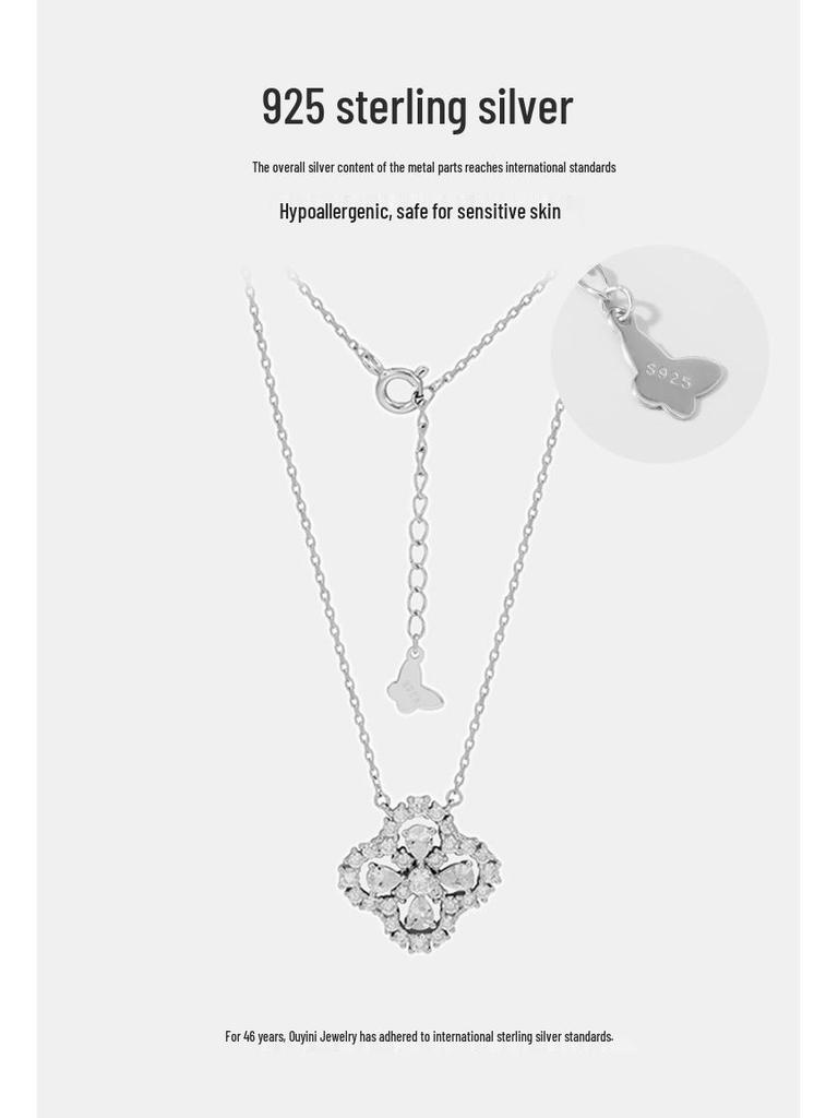 S925 Sterling Silver Four-Leaf Clover Pendant Necklace: Sparkling Gift for Girlfriend In Elegant High-End Style