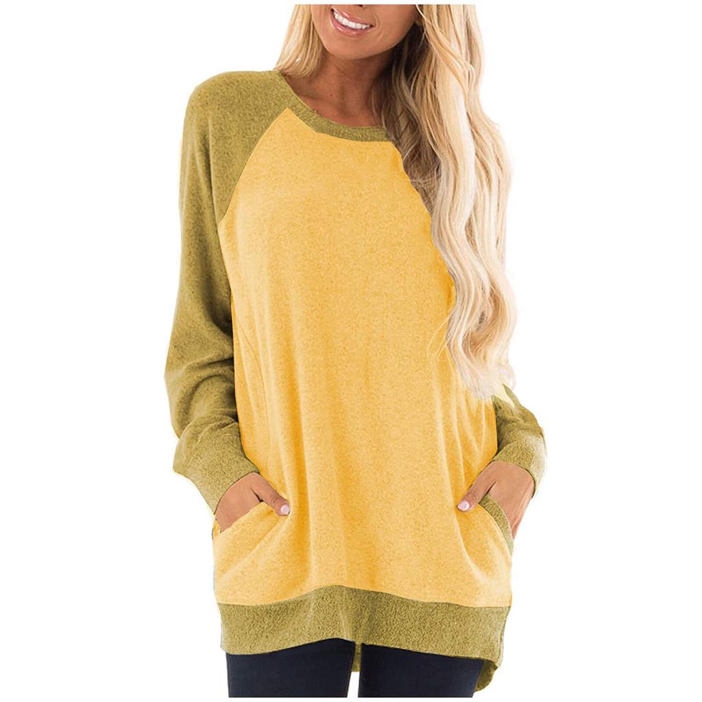 Модная лоскутная блузка рубашка карманы круглый вырез топы повседневные осенне-зимние топы женские женские с длинным рукавом блузы пуловер