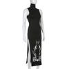 Turtleneck High Elegent Beauty Lady Dress Dress Women Gothic Print Sleeveless Women Dress Split Midi