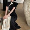 Новое улучшенное платье Cheongsam с пряжкой в ​​китайском стиле с короткими рукавами, летняя тонкая талия в стиле ретро и длинная юбка