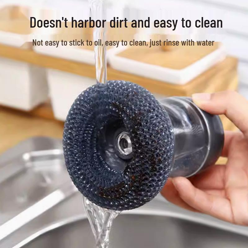 Steel Wool Press Pot Brush: Long-Handle, Multipurpose Kitchen Cleaning Brush with Dish Soap Dispenser