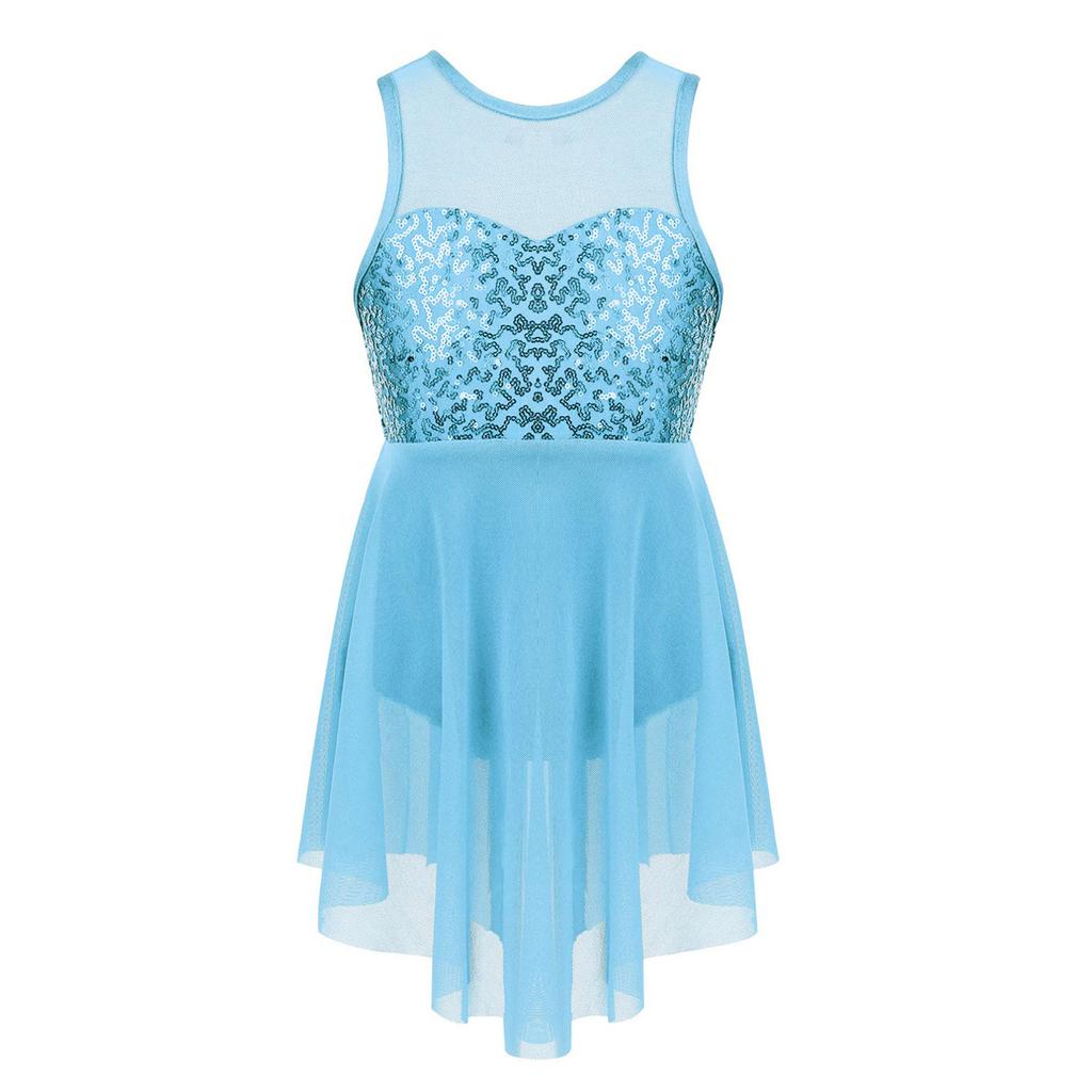 Kids Girls Lyrical Modern Contemporary Dance Costume Sequins Leotard Dance Dress