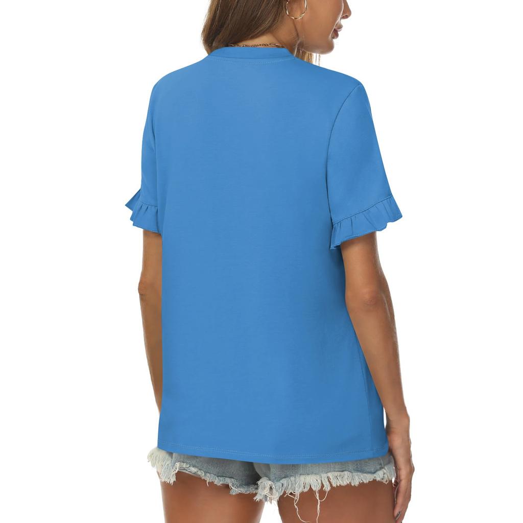 Ladies Summer Solid Color Short Sleeve Ruffle Round Neck T-Shirt