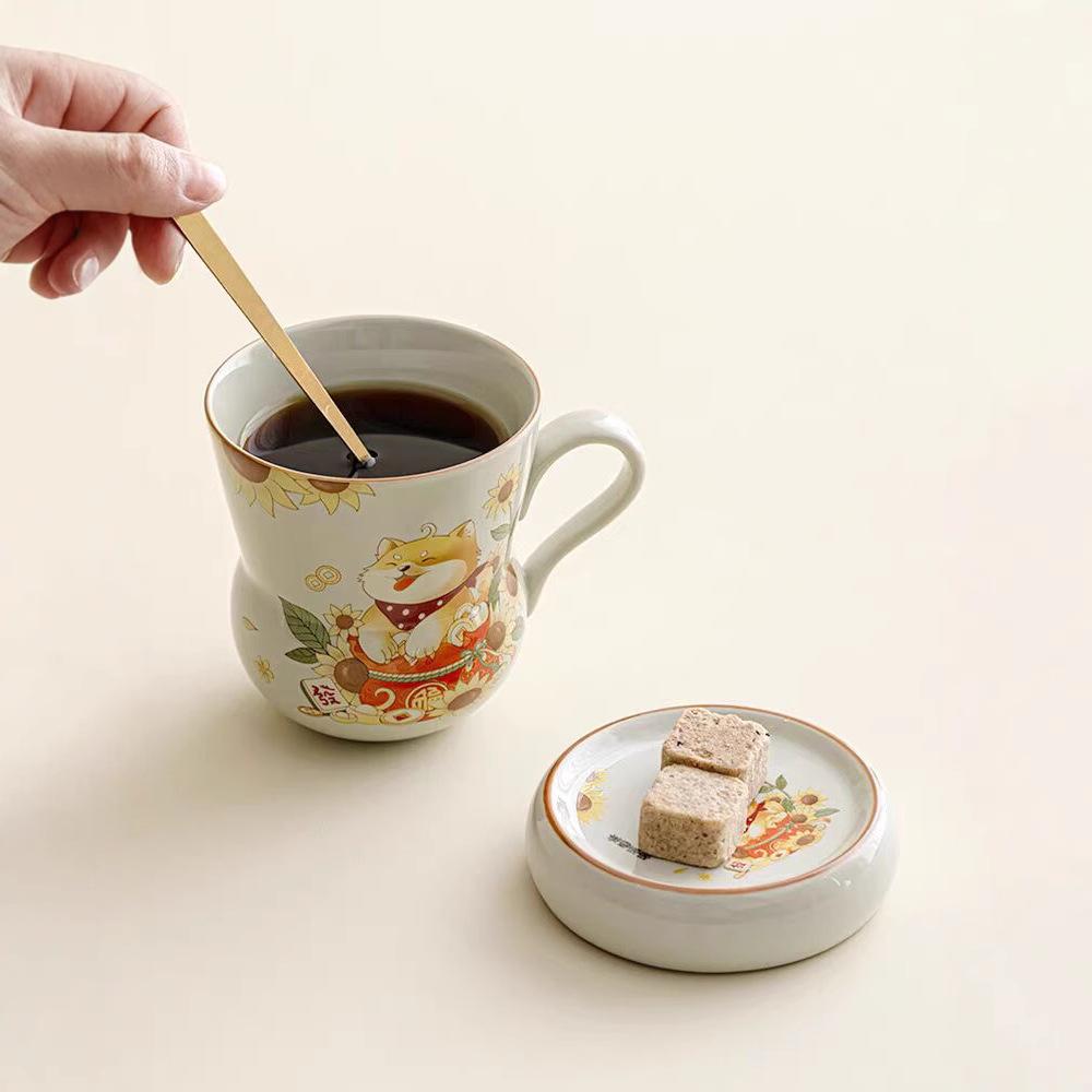 Plant Ash Ceramic Gourd-Shaped Shiba Inu With Spoon Water Cup Milk Cup Gift Box Teacup Office Drinking Water